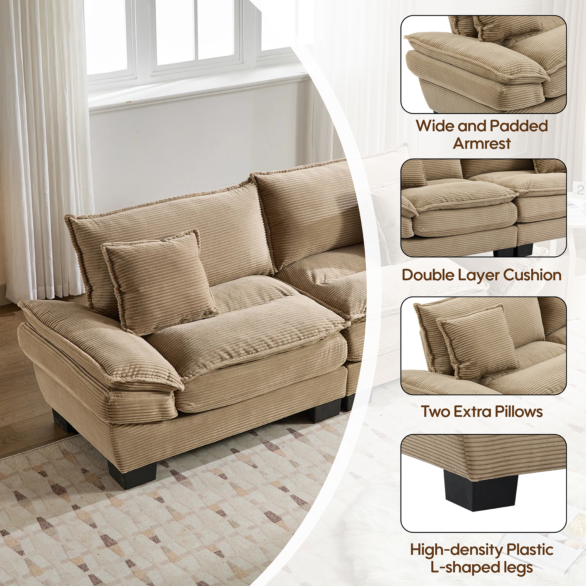 84" Comfy Corduroy Sofa 2-Seater Deep Seating Loveseat with Pillows for Small Spaces