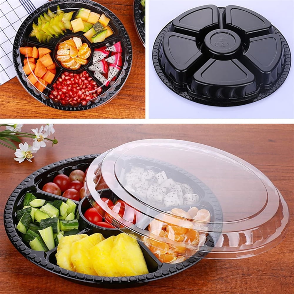 NOGIS Round Plastic Appetizer Tray with Lid: 10pcs Divided Serving Tray, Disposable Catering Trays with Lids