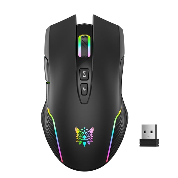 ONIKUMA Black Wireless Gaming Mouse with RGB Lighting, Rechargeable Ergonomic Mouse, 6 Adjustable DPI, 7 Programmable Buttons, USB 2.4G Mouse for PC, Laptop and Mac