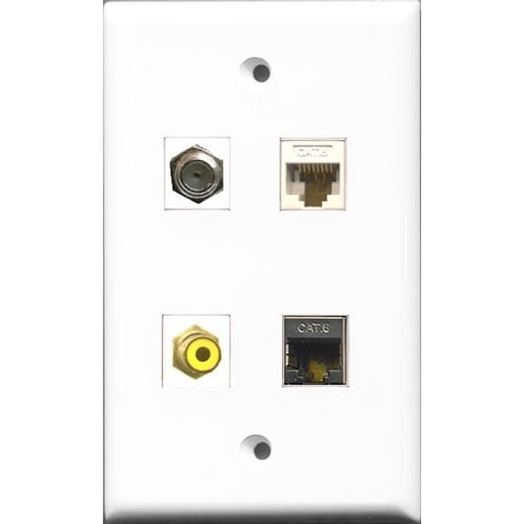 RiteAV 1 Port RCA Yellow and 1 Port Coax Cable TV- F-Type and 1 Port Shielded Cat6 Ethernet and 1 Port Cat6 Ethernet White Wall Plate