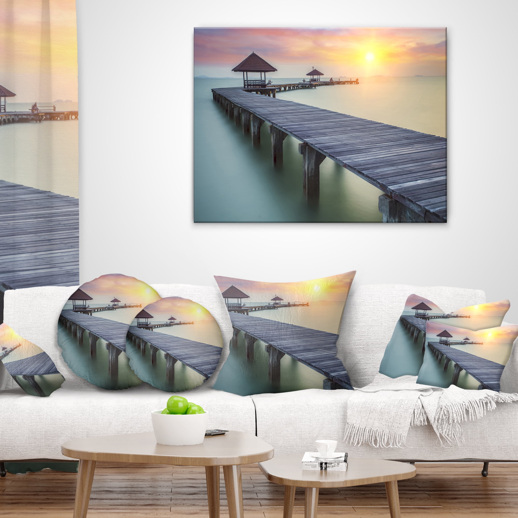 Designart Wooden Sea Bridge and Sunset - Seashore Photo Throw Pillow - 16x16