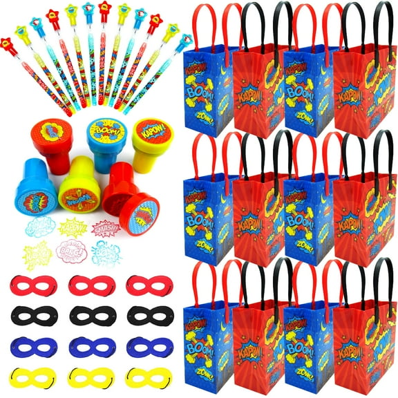 Tiny Mills Superhero Birthday Party Favor Set of 60 Pcs (12 Large Party Favor Treat Goody Bags with Handles, 24 Stamps for Kids, 12 Stackable Point Pencils, 12 Felt Masks) SF1