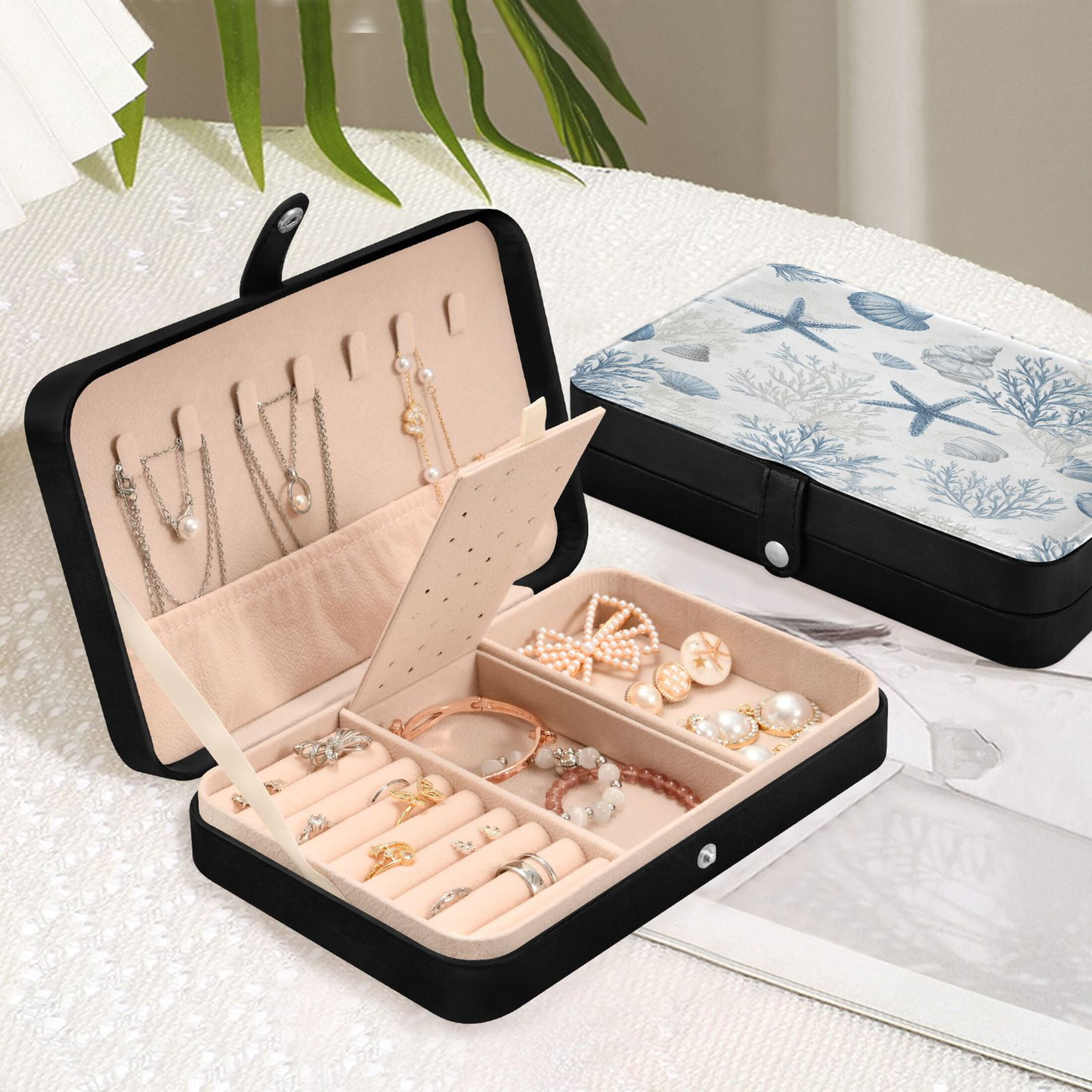 Leather Jewelry Box Travel Jewelry Storage Earrings Necklace Bracelet Watch Brooch Storage Beautiful Blue Starfish