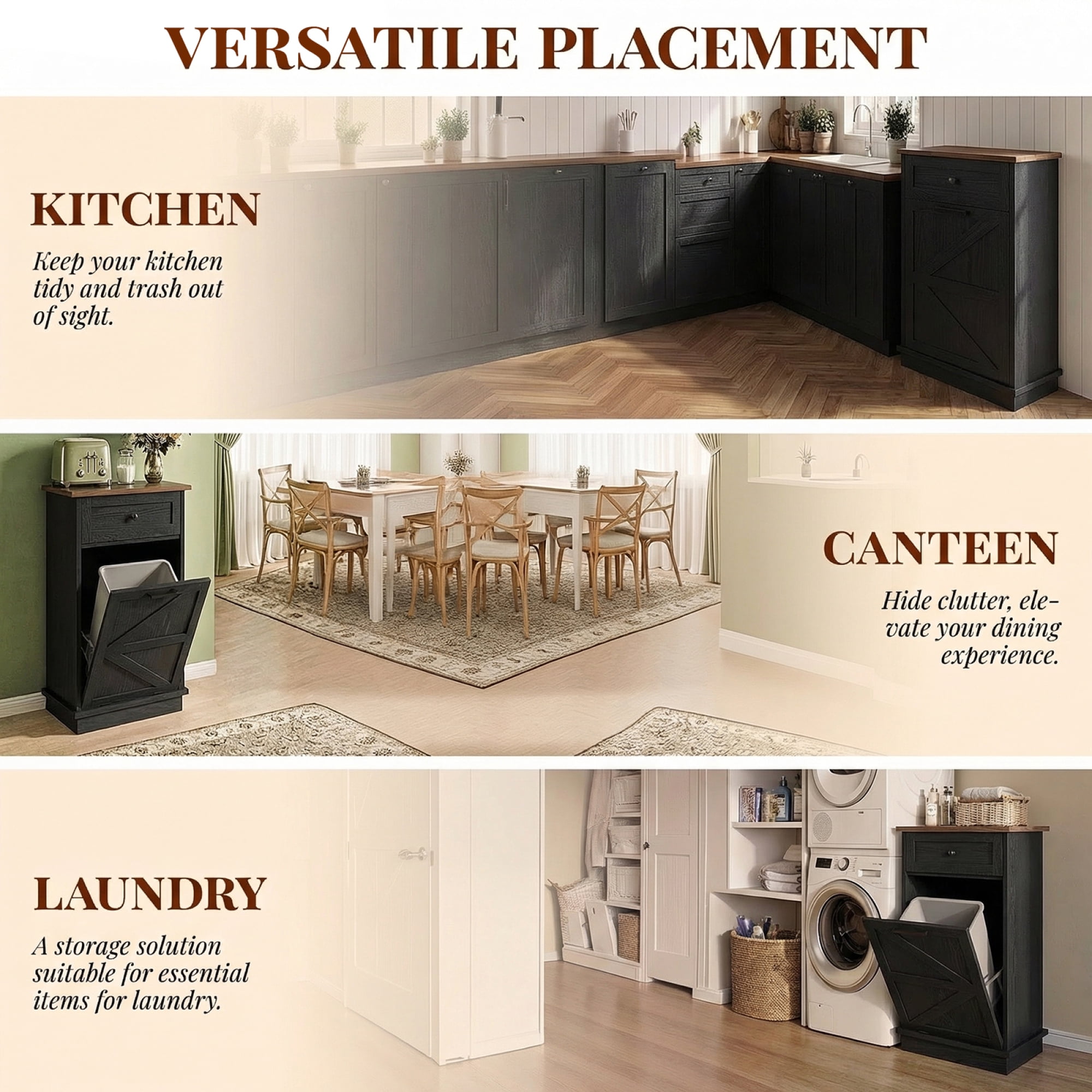 HOQBN Tilt Out Trash Can Cabinet, 10-Gallon Farmhouse Hidden Garbage Cabinet with Drawer, Dog Proof Wooden Trash Storage Cabinet for Kitchen, Laundry, Living Room, Office Black+Brown