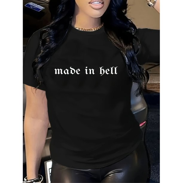 Women's Casual Letter Print T-Shirt - Semi-Sheer, Crew Neck, Short Sleeve Top with "Made in Hell" Design, Machine Washable - Perfect for Spring & Summer