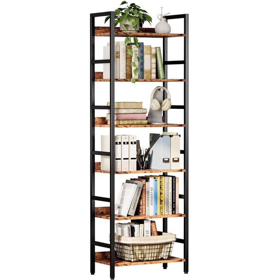 IRONCK Tall Bookshelf, 6 Tiers Open Storage Bookcases for CDs， Books，plants，Industrial Style Metal Rack for  Living Room，Home Office，Bedroom，Brown