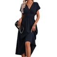 thumbnail image 4 of Womens Solid Color Overlap V Neck Batwing Sleeve Waist Pleated Long Elegant Dress Maxi Navy Blue M, 4 of 10