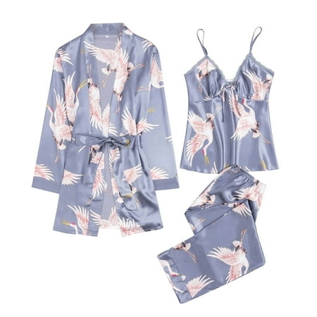 

Qcmgmg Women s Robe Cami Shorts Pants Pj Set Loungewear Pjs Silk Sleepwear Animal Print Pajama Sets
