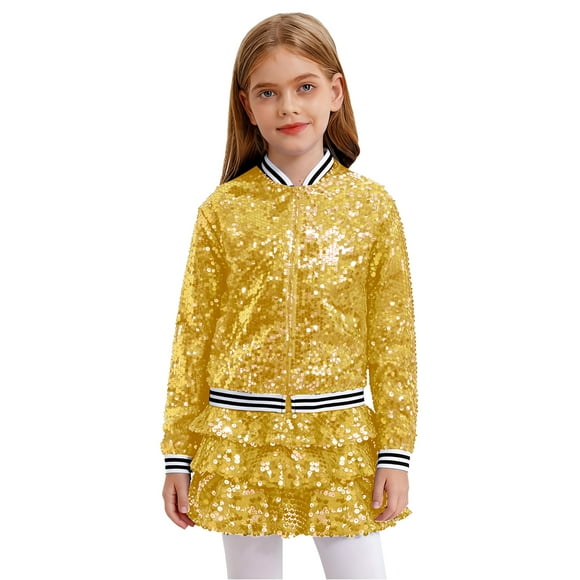 CHICTRY Sequin Mini Skirt Set for Girls with Zip Up Bomber Jacket Sparkly Glitter Dance Outfits 2 Piece Gold 8