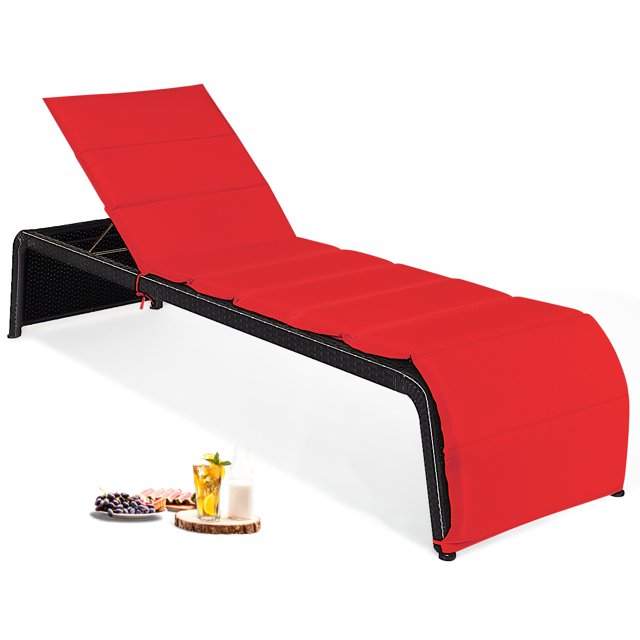 Topbuy Adjustable Outdoor Rattan Chaise Lounge Recliner Couch with Red Cushions