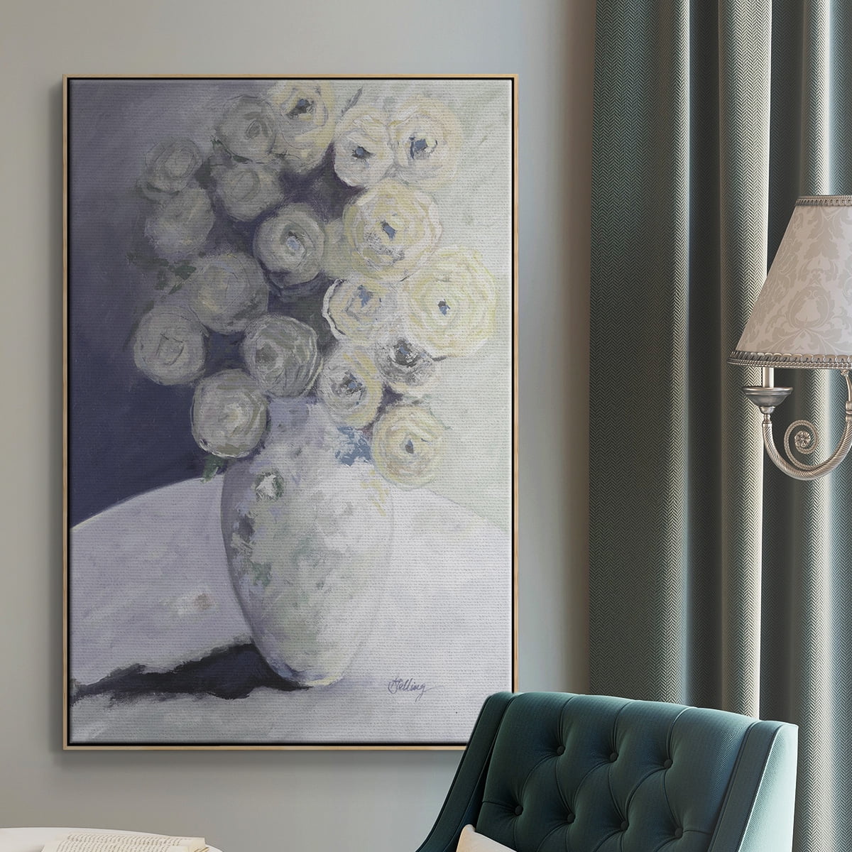 Green Vase with Yellow Flowers Framed Premium Gallery Wrapped Canvas - Ready to Hang - 27 x 41 - Natural Wood Floating Frame