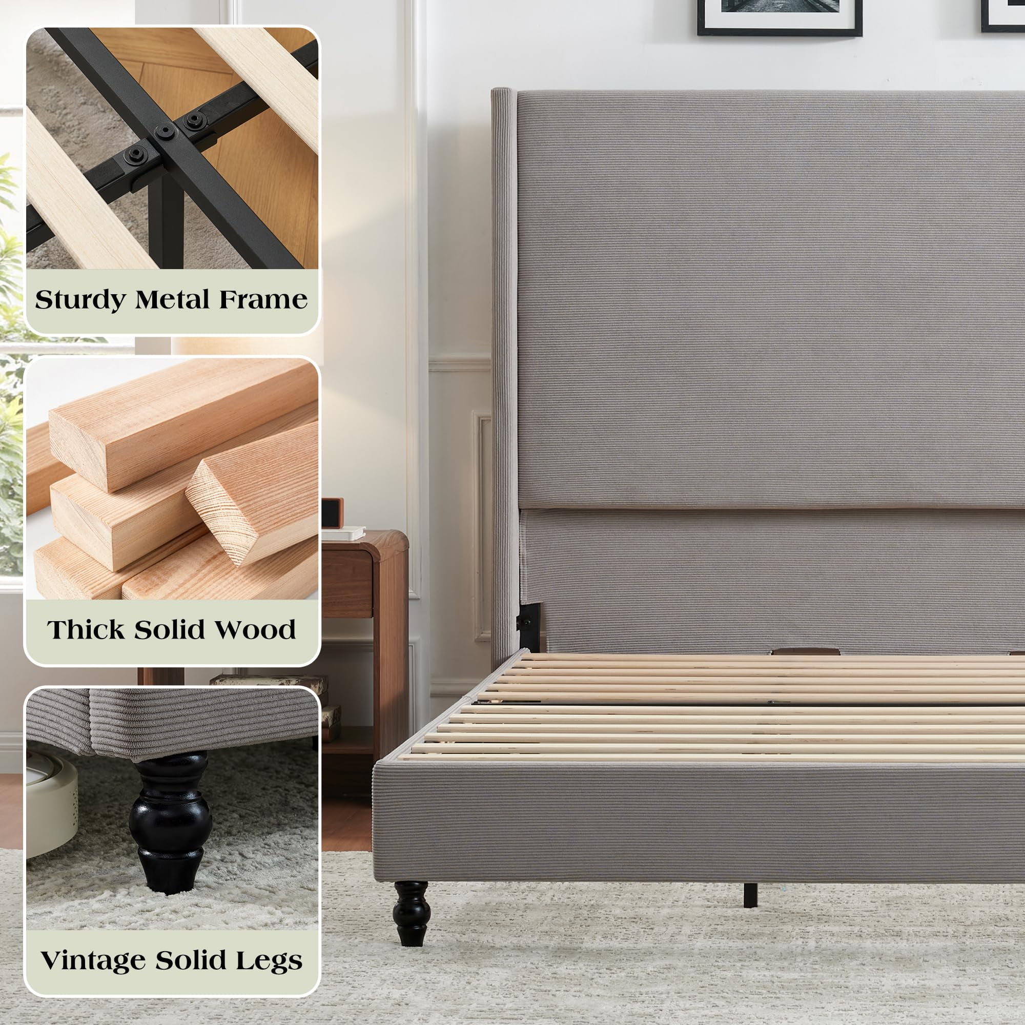 VanAcc King Bed Frame with 65" Tall Headboard, Horizontal Fine Corduroy Bed Frame with Upholstered Wingback, Vintage Solid Wood Gourd Legs, Grey