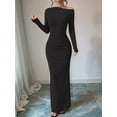 thumbnail image 4 of Women'S Fall Spring Fashion Long Sleeve Floral Print Tight Fitted Party Club Ruched Maxi Dresses Pure Black XL, 4 of 6