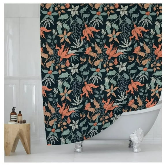 Dark Coral Floral Shower Curtain Moody Modern Black Flower Home Decor Vintage Botanical Style Fabric Shower Curtain for Bathroom