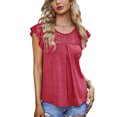 thumbnail image 1 of Top de manga corta con volantes para mujer, cuello redondo, empalme de encaje en el pecho, camisa holgada de manga corta a la moda para primavera y verano, rojo sandía S, 1 of 8