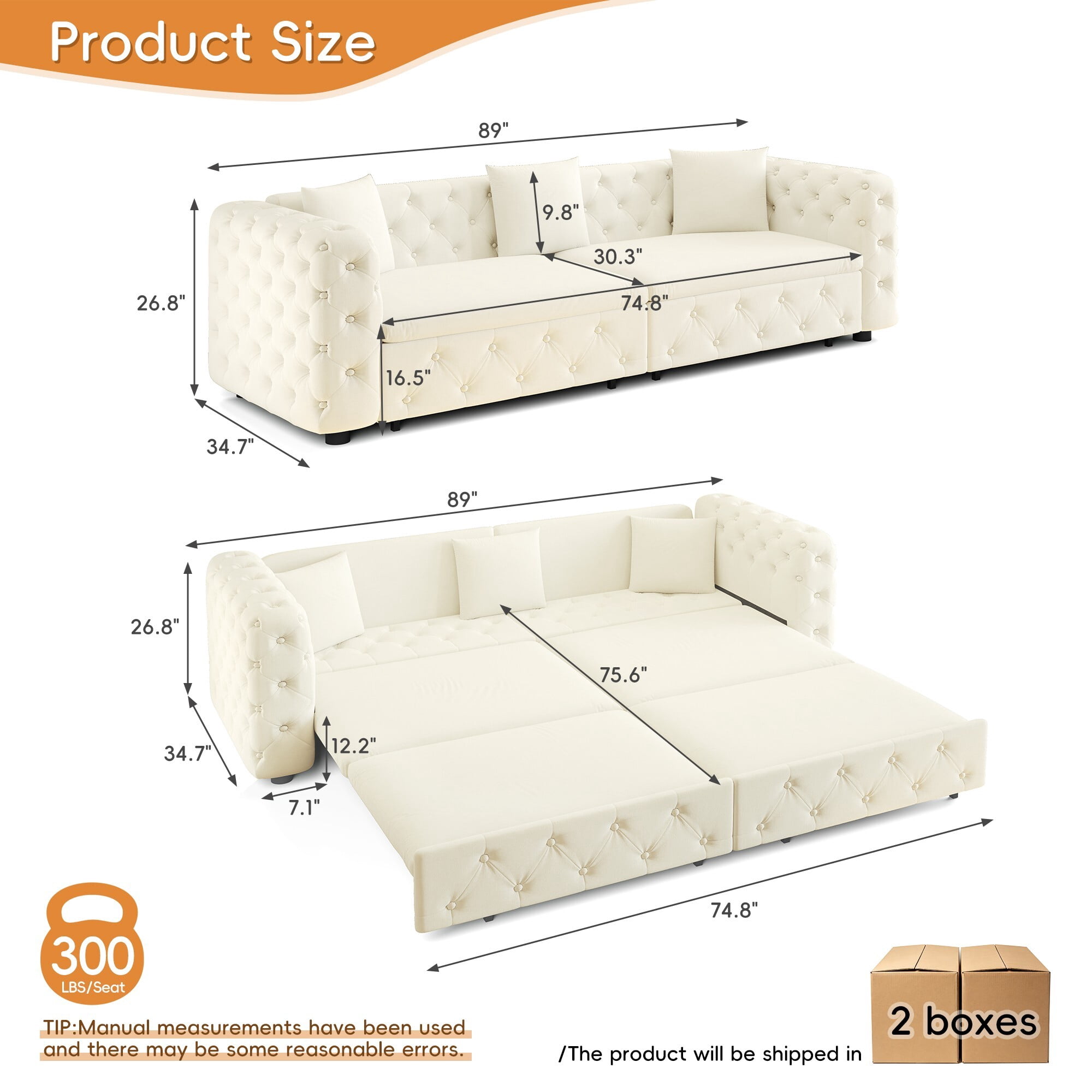 DEALTOPS 89 Inch Chesterfield Tufted Velvet 3 in 1 Pull Out Sofa Bed, 4 Seater Tuxedo Living Room Couch, Beige