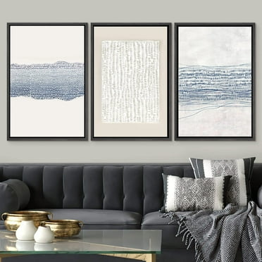 IDEA4WALL Framed Canvas Print Wall Art Set of 3 Blue White Grunge Geometric Pattern Abstract Shapes Cozy Neutral Modern Art Decorative Contemporary Minimal for Rooms - 16"x24"x3 Black
