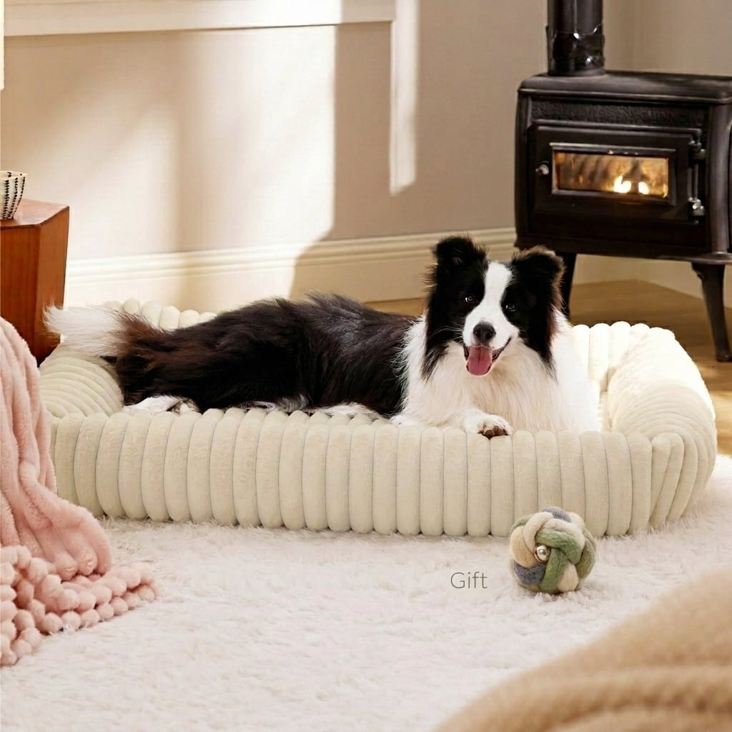 Cute Large Dog Bed, White, Fluffy Orthopedic Corduroy Fleece, Machine Washable, Removable Cover