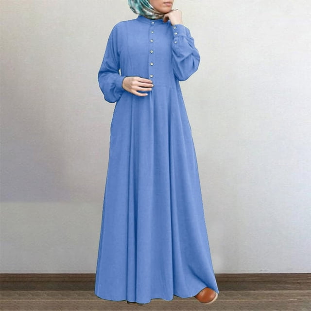 Robe Longue Décontractée pour Femmes Robe de Couleur Unie Bouton V Cou Robe Élégante à Manches Longues Robe Swing Grande Mode