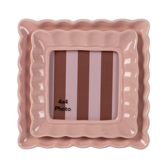 Sterling & Noble Home – 4x4 Picture Frame – Double Ruffle Pink Ceramic Tabletop Photo Frame