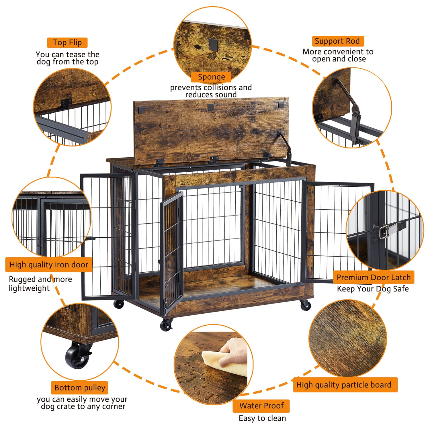 Pefilos 24" Dog Crate for Medium Dogs Furniture Dog Cage for Indoor Dog House with Double Doors and Lift Top with Casters, Brown Pefilos 24" Dog Crate for Medium Dogs Furniture Dog Cage for Indoor Dog House with Double Doors and Lift Top with Casters, Brown