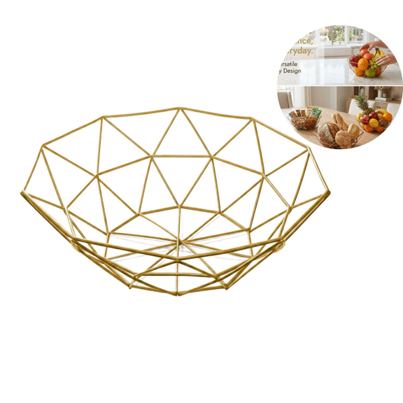 Gold Wire Fruit Bowl for Kitchen Countertop, Geometric Metal Fruit Basket for Produce, Bread & Snack Storage