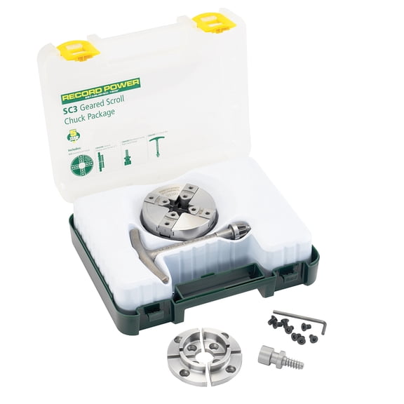 Record Power SC3 Chuck Package, 1" x 8 Thread, 50mm Jaw, Woodscrew and 2" Faceplate