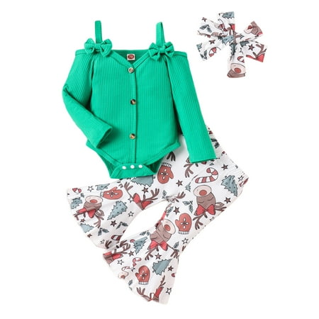 

GXFC Infant Girls Christmas Outfits Set Clothes 3M 6M 9M 12M 18M 24M Baby Girls Long Sleeve Rib Romper and Flare Pants and Headband 3Piece Casual Autumn Clothing for Newborn Girls