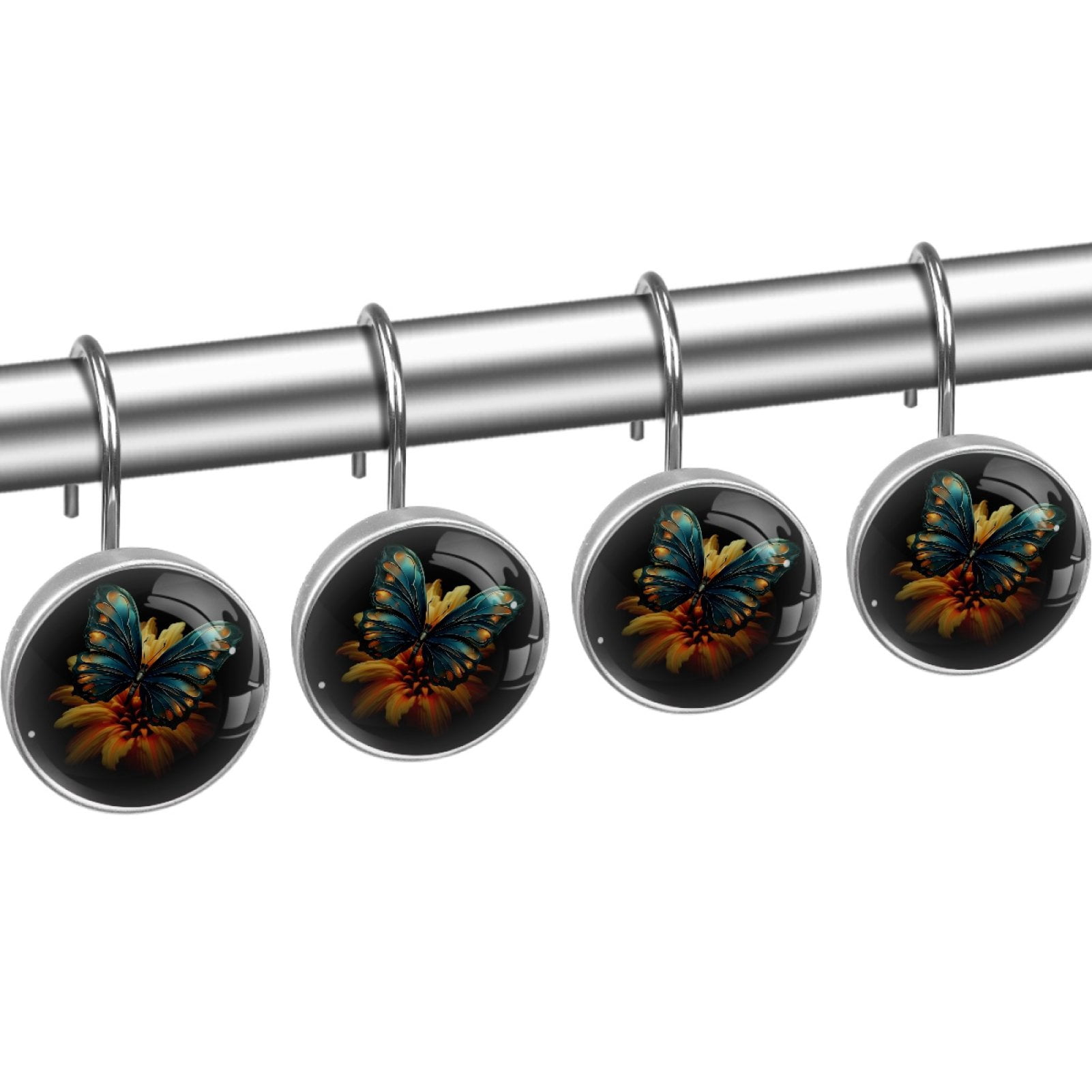 HemaKayy 12 Pcs Decorative Shower Curtain Hooks - Curtain Rings for Bathroom Decor, Stainless Steel, Easy Glide - Perfect for Kitchen, Bathroom Shower Rods - Turquoise Blue Butterfly Lily Flower