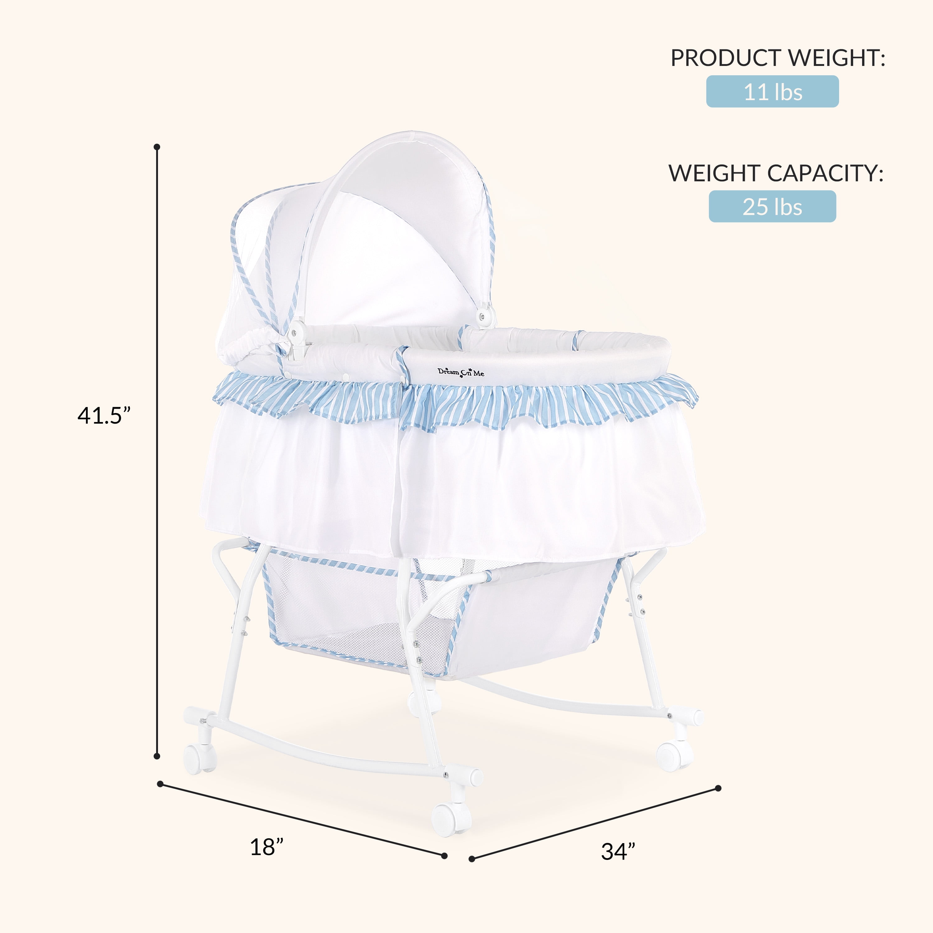 Dream On Me Lacy Portable 2-in-1 Bassinet & Cradle in Blue and White, Lightweight Baby Bassinet