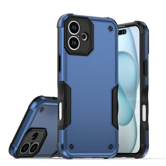Rugged Case for iPhone 16 Heat Dissipation Lens Screen Protection Cover, Military Grade Dual-Layers PC Silicone Matte UV Shockproof Heavy Duty Case with Anti-Slip Strips, Blue