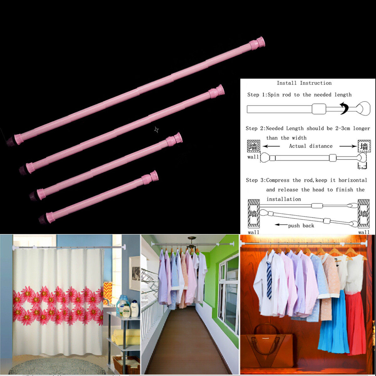 Bathroom Curtain Pole Adjustable Curtain Rails Spring Rod