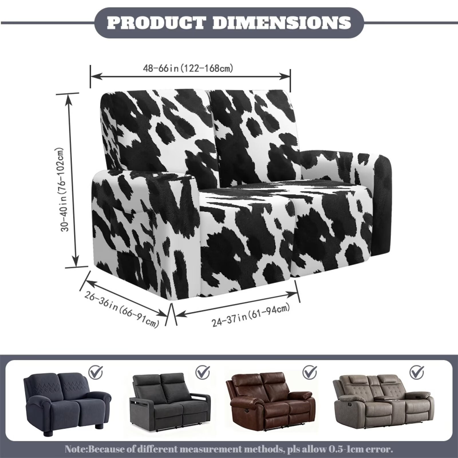 Yuyamidu Cow Print Recliner Loveseat Covers for Living Room Washable Recliner Loveseat Slipcover with Elastic Edge Breathable Reclining Couch Covers Gift for Friends