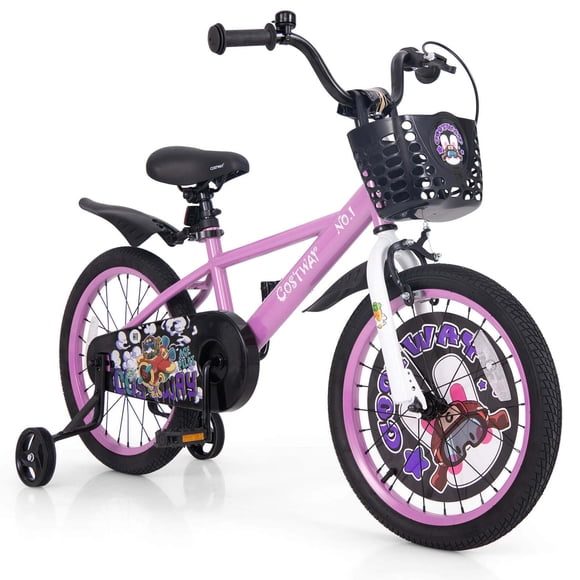 Costway Vélo 18 Pouces pour Enfant de 4 à 8 Ans avec Guidon et Selle Réglables en Hauteur, Frein à Main, Violet