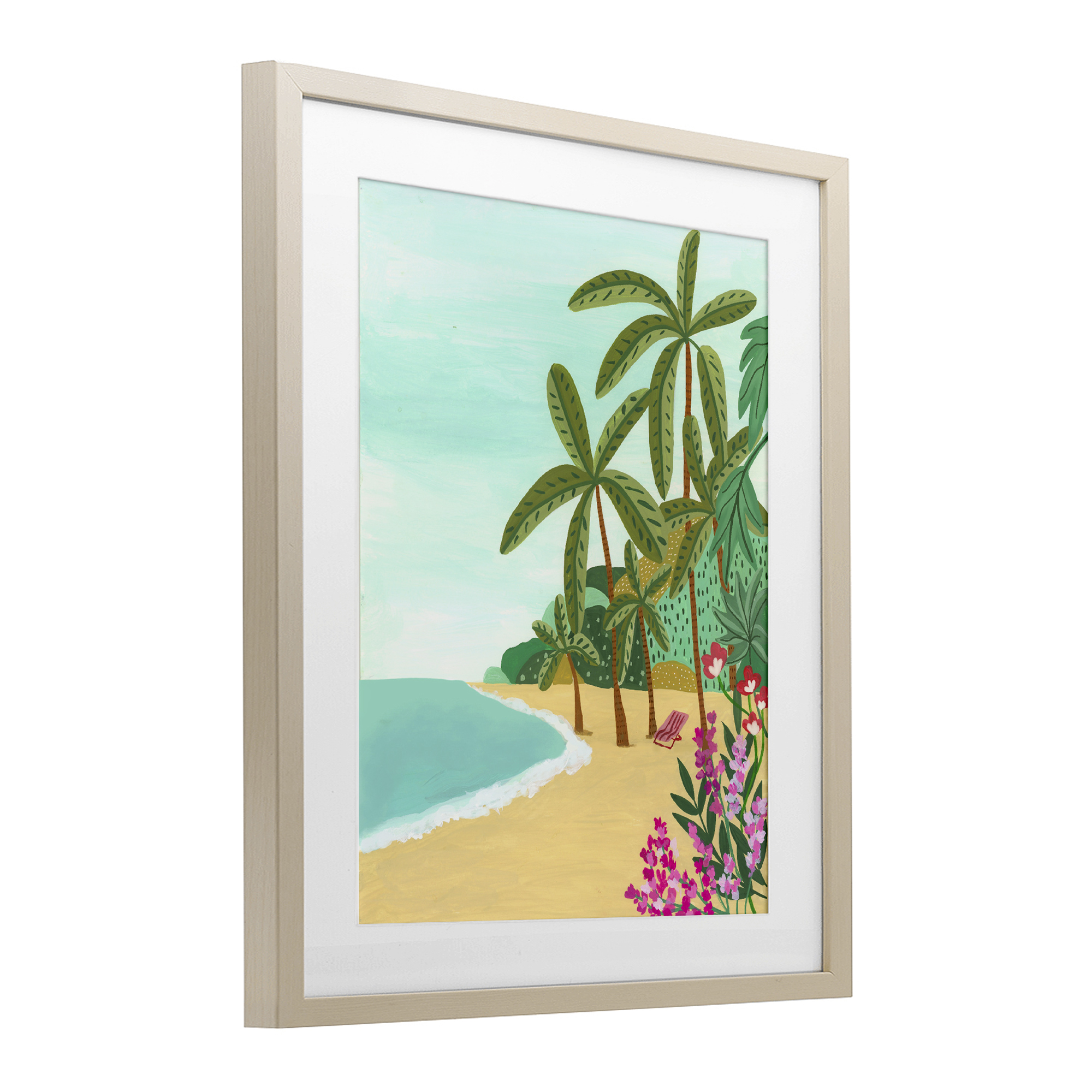 Palm Filled Shoreline Birch Framed Print Under Glass, design by Nabeela Rumi