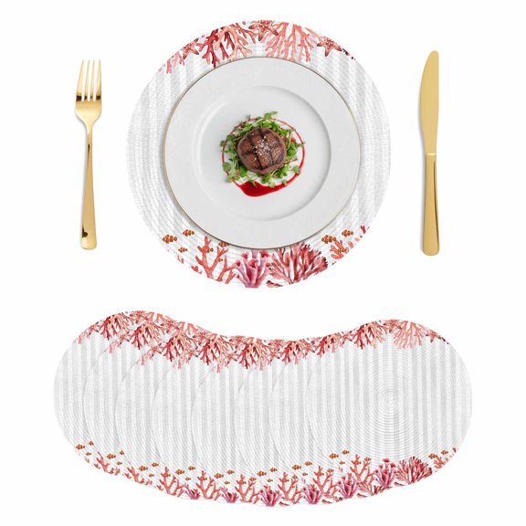 Red Sea Coral Round 13 Inch Placemats Set of 8, Coastal Ocean Starfish Coral Fish Stripes Gray HeatResistant Non Slip Place Mats for Dining Table, Wipeable Braided Kitchen Table Mats for Housewarming