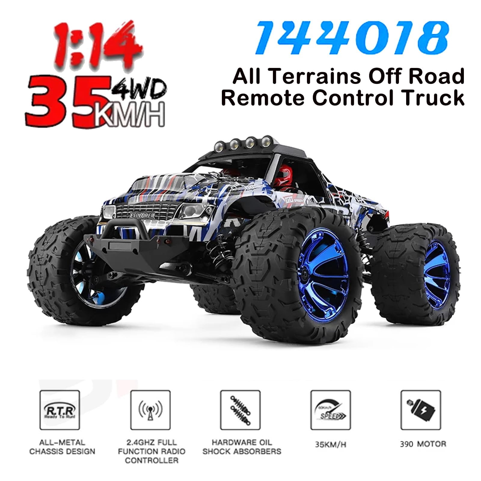 WLtoys 144018 RC Truck, 1/14 Scale Remote Control Car, 4WD 35KM/H High Speed RC Car, 2.4GHz All Terrains Off Road Rock Crawler Truck with 2 Batteries for Adults