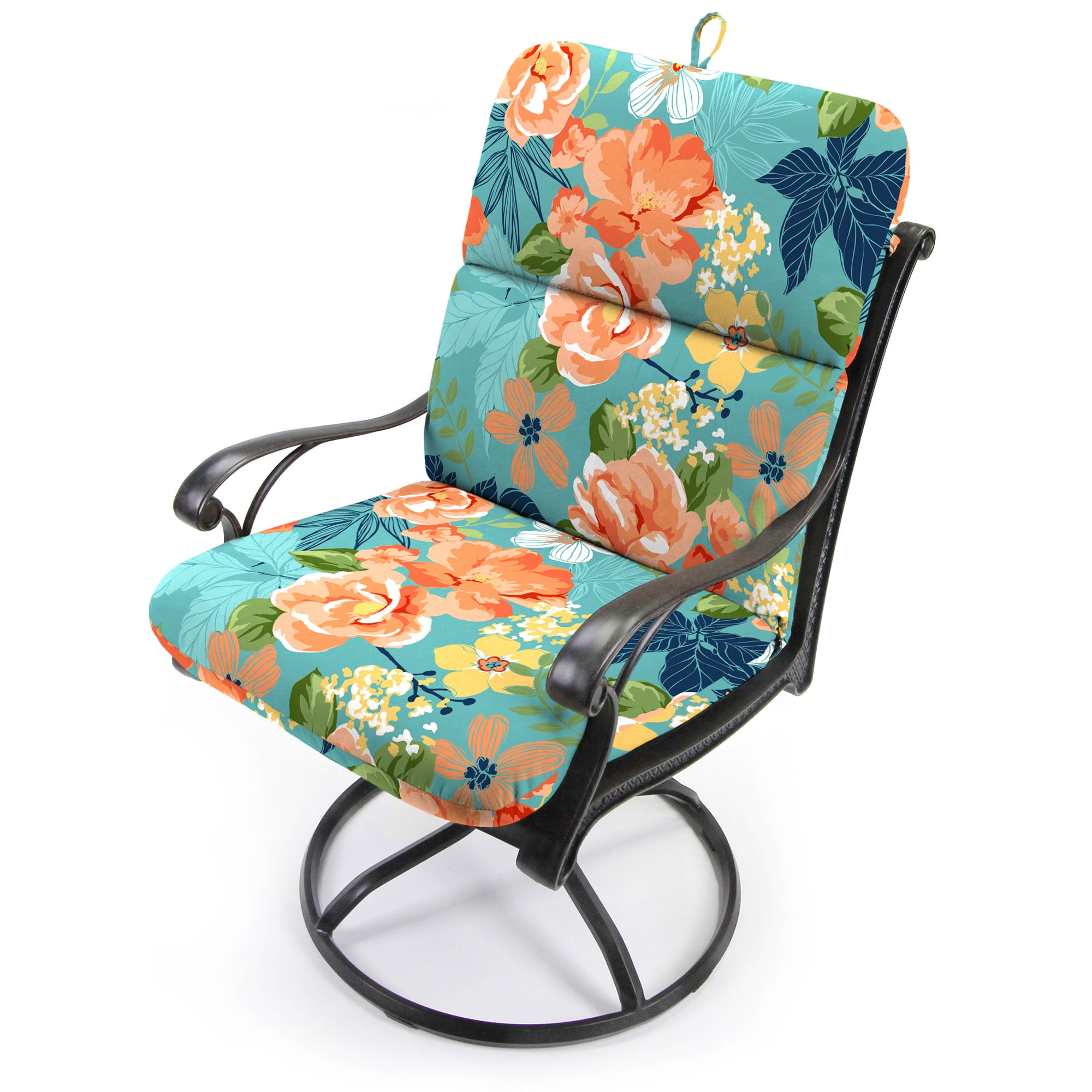Jordan Manufacturing 45" x 22" Senorita Pelican Turquoise Floral Rectangular Outdoor Chair Cushion with Ties and Hanger Loop