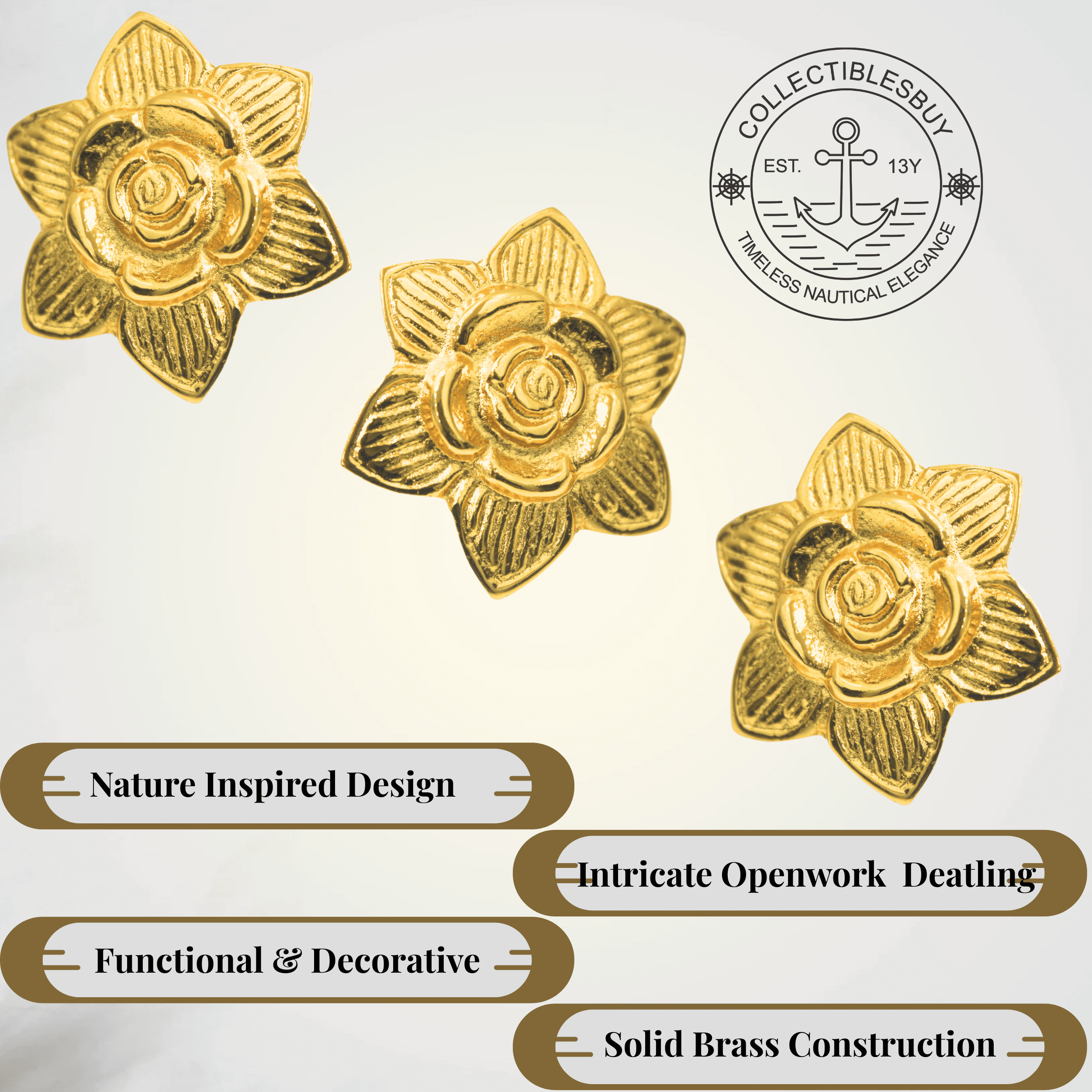 Shiny Brass Rose Petal Cabinet Knob – Golden Decorative Drawer Pull for Dresser, Closet, Cupboard & Kitchen Furniture | Vintage Floral Hardware Handle Home & Kitchen Decor (Set of 3)