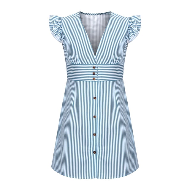 LOVZFMLL Woman Summer Sexy-neck Stripe Button Short Sleeve Dress Light Blue S