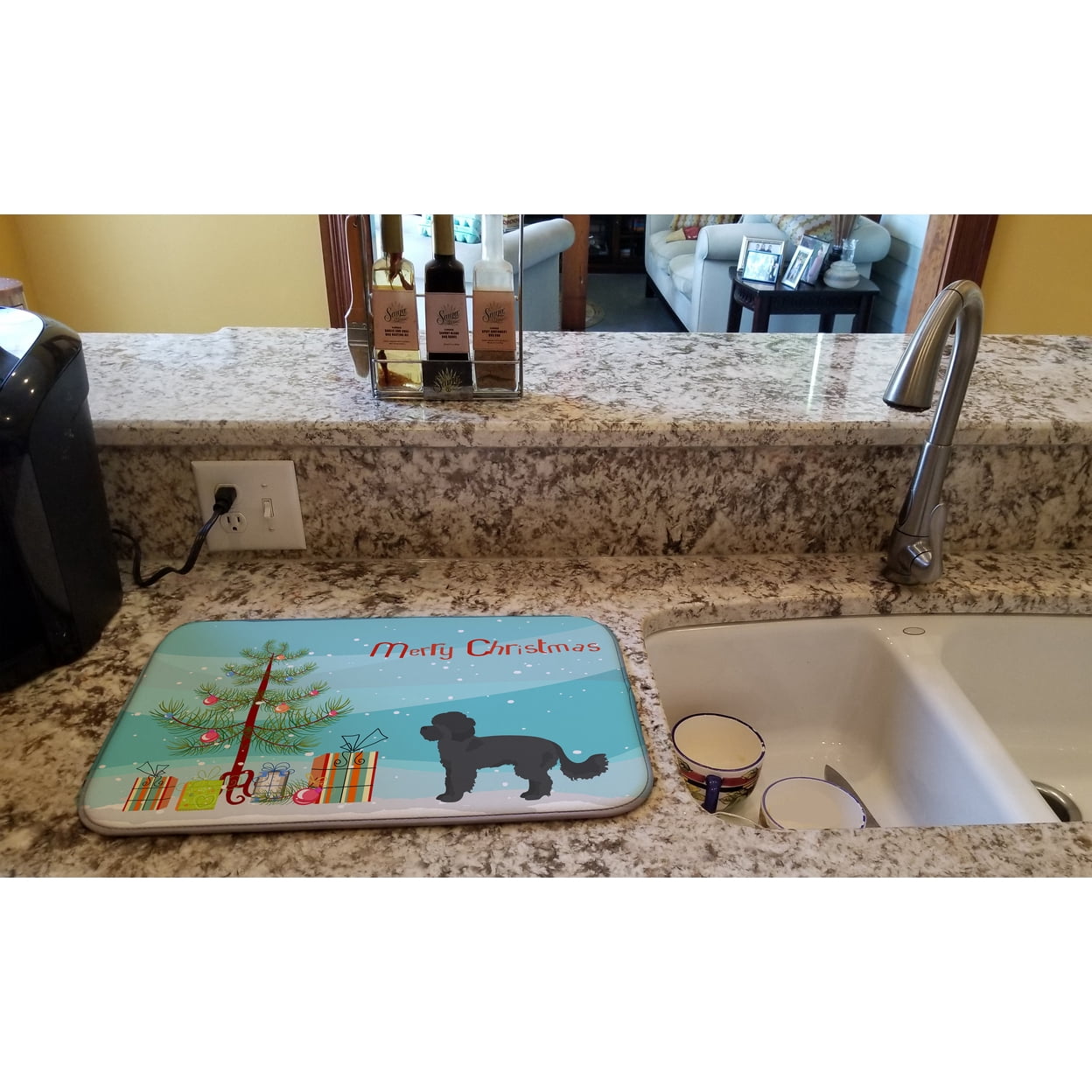 Black Maltipoo Christmas Tree Dish Drying Mat