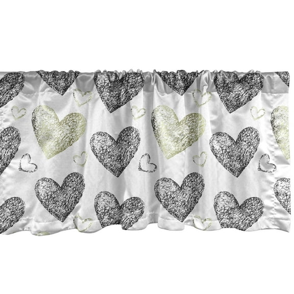 Ambesonne Valentine's Day Window Valance, Sketched Hearts, 54" X 12", Grey Olive Green