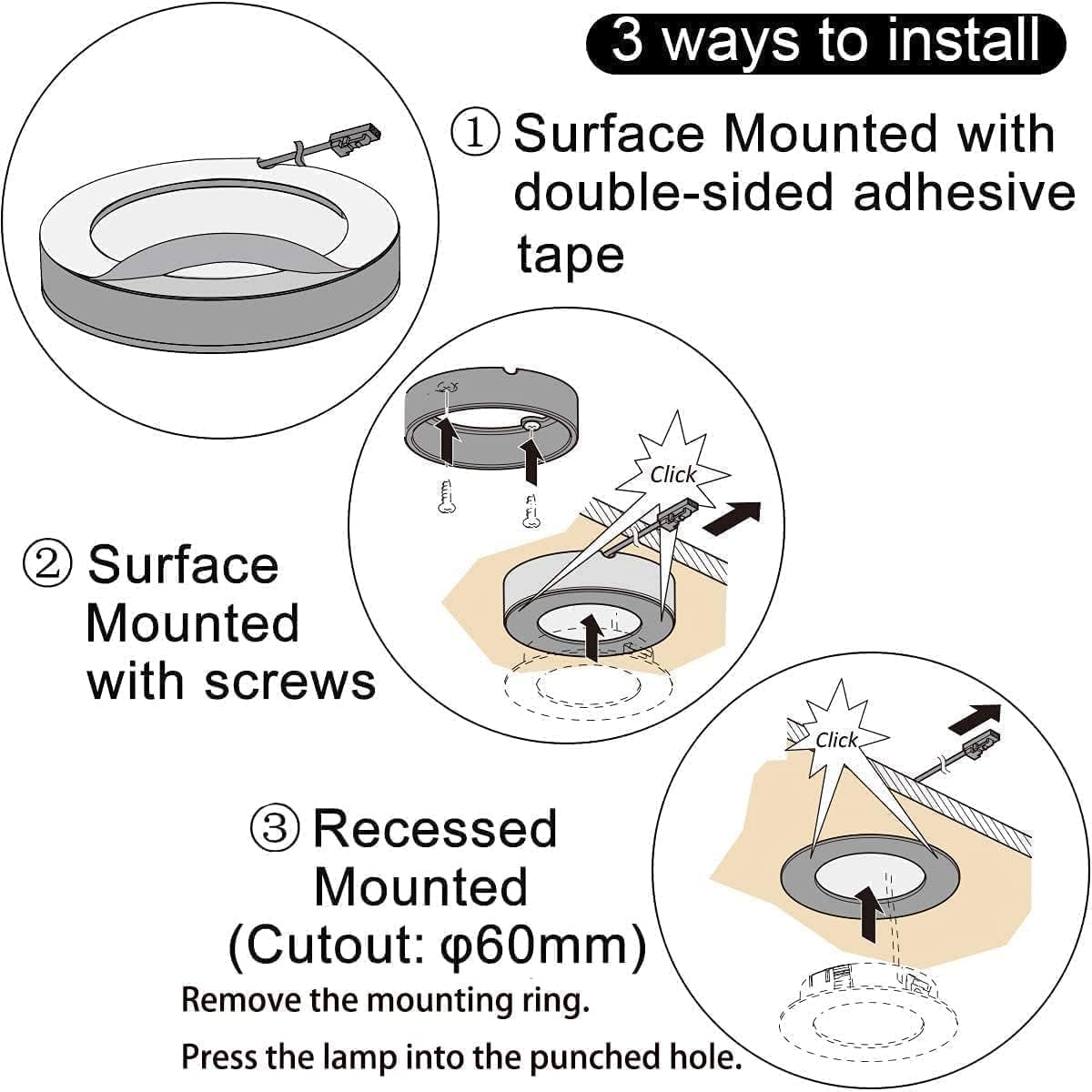 VST Under-Cabinet LED Lights, 2W (20W Total), Wired Touch Dimmer Puck Lights Fixtures, Recessed or Surface Mount, 3000K, 10 Pack, White