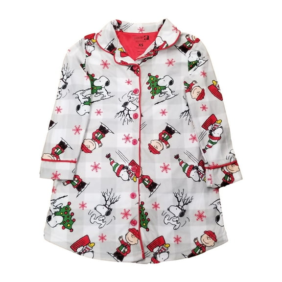 Girls Peanuts Snoopy Charlie Brown Gray Plaid Christmas Holiday Nightgown XS