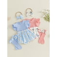 thumbnail image 3 of Loicainy Baby Infant Girl Summer Bodysuit Dress Outfits 3 6 9 12 Months Faux Two-piece Design Daisy Print Plaid Short Sleeve Romper Bow Headband and Stockings Set, 3 of 9