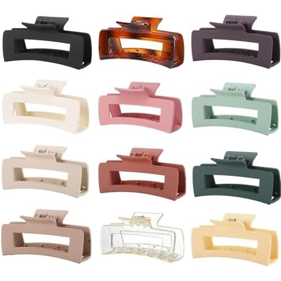 12 count Large Square Hair Claw Clips for Women, 4.3-Inch Matte Rectangle Claw, Hold Non-slip Hair Clips for Thick & Thin Hair,Mixed Color for Gifting, Work, and Daily Styling