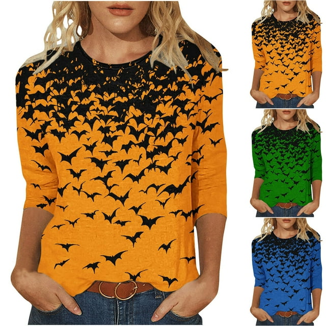 VKOYWKM T-Shirts Halloween pour Femmes Manches 3/4 Hauts pour Femmes Automne Tendance T-Shirts Graphiques Chauve-Souris Col Rond Tunique de Fête Blouses