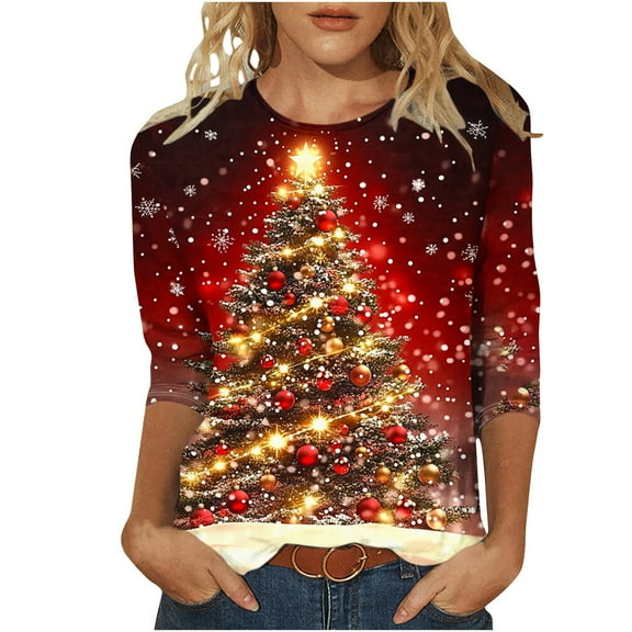 Women Christmas Tree Printed Tshirts Oversized Sweatshirt Long Sweaters Xs Long Zippered Sweatshirts 3/4 Sleeve Crop Top Black