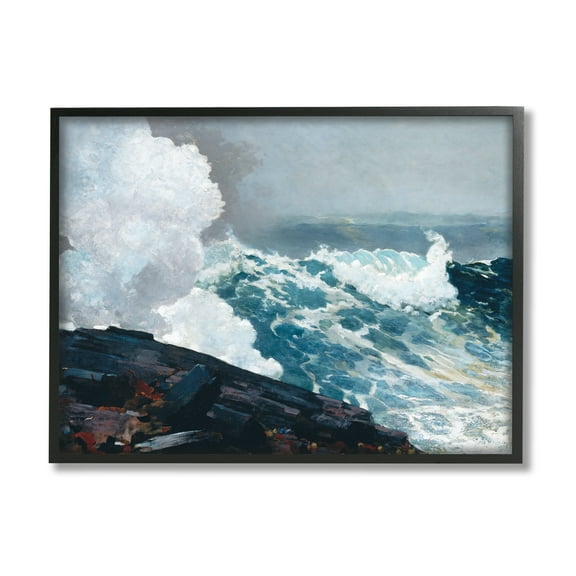 Stupell Industries Ocean Waves & Cliffs Landscape Painting Black Framed Art Print Wall Art, 14 x 11
