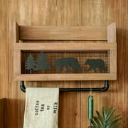 Synovana Cabin Style Hanging Towel Rack with Bar Farmhouse Wooden Floating Shelf Bear Wall Decor Rustic Wall Mounted Storage Towel Rack for Bathroom Kitchen Living Room Home Decor